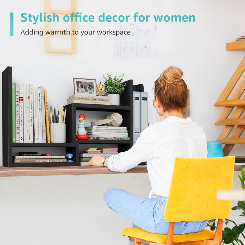 NUTIKAS Desktop File Organizer Desk Organizer Shelf - Black Office Organization Shelves for Top of Desk Organizers and Accessories Corner Bookshelf Table Top Shelving Small Hutch Decorations for Women Office - Image 5